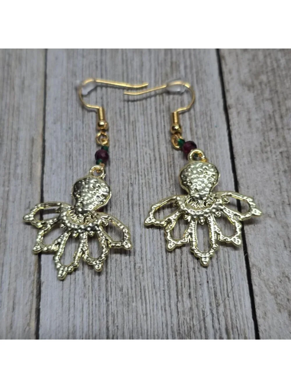 Handcrafted 18k gold plated emerald and garnet ornate dangle rose earrings